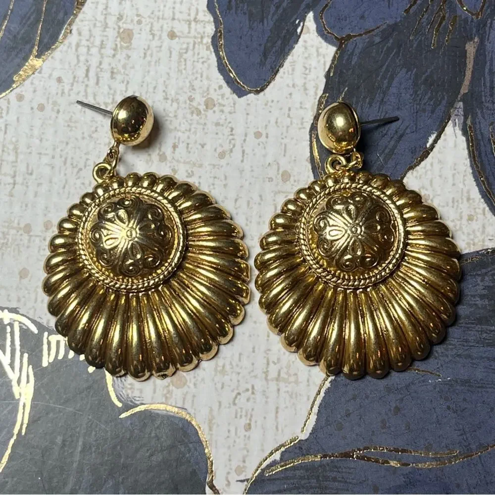 Vintage 1980s Oversized Large Regal Gold Statement Earrings D2